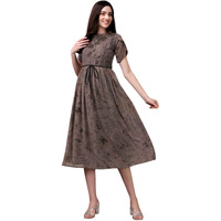 Gufrina Women's Half Sleeve Ruffle Neck & Tie-Up Dress - Elegant Midi Dress With Pleated Details (Grey S)