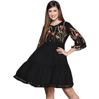 Ishin Women's Knee Length Viscose Rayon Embroidered Floral Black A-Line Dress Topgdw-23008_S_Black