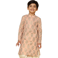 Kisah Boy's Kurta, Peach Cotton Blend, Ethnic Motifs Long Sleeves Regular Fit Mandarin Collar (11-12 Years)