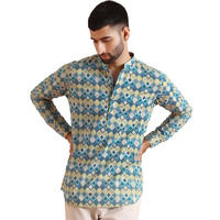 Kisah Men's Short Kurta, Multi Cotton Blend, Printed Regular Fit Mandarin Collar Full Sleeves (38) Multicolour