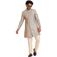 Kisah Men's Indo-Western Sherwani Trouser Set, Multi Silk Blend, Printed Regular Fit Mandarin Collar Long Sleeves (M)