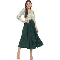 Kzully | Women A-Line Dress With Pleats, Has An Square Neck Knee-Length, Printed Top Comes With A Belt, Large, Green