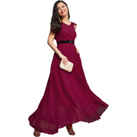 Miss Chase Women's V-Neck Ruffled Sleeve Solid Embellished Maxi Dress With Pockets (Mcaw21D06-17-23-03, Dark Pink, S)