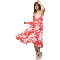 Oomph! Women's Western & Fusion Wear Printed Crepe Dress For Women, One Shoulder, Red - Md1077