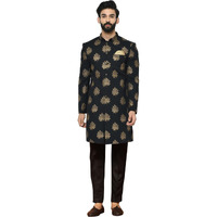 Kisah Men's Cotton Blend Full Sleeves Regular Fit Printed Black Indo-Western Sherwani Trouser Set (M)