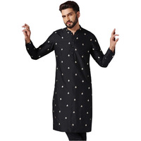 Kisah Mens Kurta, Black Cotton Blend, Embroidered Regular Fit Long Sleeves Mandarin Collar (L)