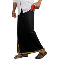 Prakasam Cotton Mens Black Colour Jari Cotton Flexi Size Welcro Pocket Dhoti (Jari-Black)-Small