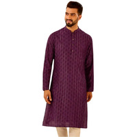 Kisah Men's Kurta, Burgundy Cotton, Embellished Regular Fit Long Sleeves Mandarin Collar (Xl)