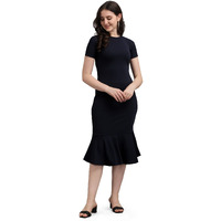 Purvaja Women's Corduroy Bodycon Midi Dress (Ruby-001-Bu-L_Navy Blue