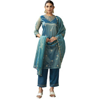 Sanisa Women's Shimmer Net Sequins And Embroidery Work Straight Kurta With Pant And Dupatta Set (215Kbd2273N-Xl_Teal Blue & Golden)