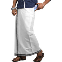Prakasam Cotton Mens Cotton Kerala Thalapathi Border Welcro Pocket Dhoti (S-Size Dhoti) / White Colour Thalapathi Adjustable Pocket Dhoties For Mens