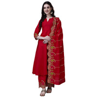 Pratham Blue Women's Silk Embroidered Anarkali Kurta With Palazzos And Dupatta (Pb-6149-L_Red)