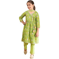 Pspeaches Girl's Cotton Regular Kurta Set (Ks-Greenyellowjaal-7-8Y_Green