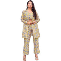 Selvia Women's Full Sleeve Silk Collared Neck 3 Piece Jacket With Tank Top And Bottom Co-Ords Set (555Tk583N-L_Yellow & Multi)
