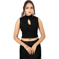 Shasmi Women's & Girls' Solid Ribbed High Neck Stand Collar Sleeveless Slim Fit Cut Out Blouse For Women (Blouse 43 Black L)