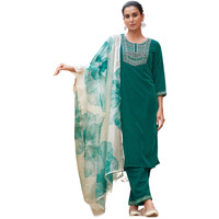 Sanisa Women's Velvet Sequins Embroidery Straight Kurta With Pant And Dupatta Set (218Kbd2311N-L_Teal Green)