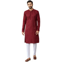 See Designs Men's Long Sleeve Mandarin Collar Side Slit Dark Maroon Embroidered Thread Work Sequinned Chanderi Silk Straight Kurta - Sdkt2514Xxl