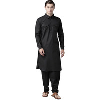 See Designs Men's Solid Cotton Curved Hemline With Shirt Collar Black Full Sleeve Pathani Kurta With Salwar - Sdkt600Xs