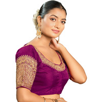Vihu Fashion Women's Readymade Blouse Embroidery Multi Coding Dull Golden Sequence Work Indian Ethnic Designer Stitched Readymade Saree Half Sleeve Wine Blouse For Women For Saree Lehenga Choli