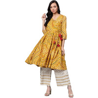 Anubhutee Women's Mustard-Off White Bandhani Print Cotton Kurta Suit Set With Palazzos