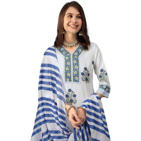 Tee Projekt Women's Cotton Blend Floral Printed Straight Kurta Pant With Dupatta Set Ll V Neck Kurta Set White