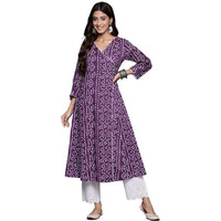 Varanga Women Purple V-Neck Bandhani Print Angrakha Style Anarkali Kurta With Piping Detail For Traditional (Large)