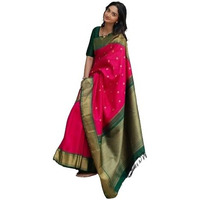 Flosive Women's Kanjivaram Silk Saree With Beautiful Blouse With Zari Border (Rani Pink)