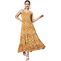 Ishin Women's Midi Polyester Printed Floral Mustard Fit & Flare Dress Inwdr0250_Ms_S_Mustard