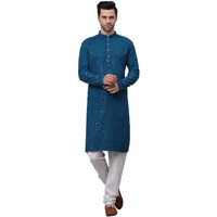 Jompers Men's Blue Chikankari Embroidered And Sequence Kurta With Churidar (Peacock,Xl)