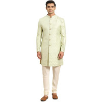 Kisah Men's Sherwani Churidar Set Indo-Western, Green Silk Blend, Jacquard Long Sleeves Regular Fit Mandarin Collar (X-Large)