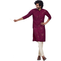 Kisah Men's Kurta, Burgundy Cotton, Embellished Regular Fit Mandarin Collar Long Sleeves (S)