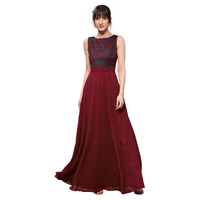 Miss Chase Women's Round Neck Sleeveless Georgette Floral Lace Fit & Flare Maxi Dress Maroon