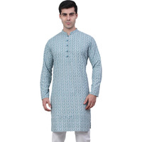 Jompers Men's Floral Embroidered Kurtas (Teal, L)