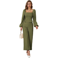 Kotty Women's Solid Relaxed Fit Full Sleeve Co-Ord Top And Trouser Set. Olive Green