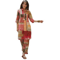 Nainvish Women's Red & Yellow Printed Straight Cotton Blend Shirt Collar Co-Ord Set (Sd679_Kb-S)