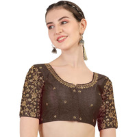 Pujia Mills Women's Phantom Silk Floral Half Sleeve Saree Blouse (Flowerr Blouse_Brown_38 Size+Margin)