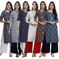 Pinkmint Women's Crepe Kurti Round Neck Straight Kurti For Women Comfortable Kurti Regular Wear Kurti For Women's (Pack Of 6)