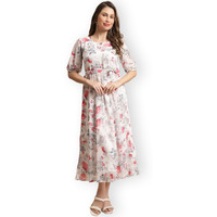 Preneum Women's Maxi Fit & Flare Latest Style Print Georgette Regular Sleeves Casual Summer Maxi Dress || Festival & Occasion, Bright White, 2Xl