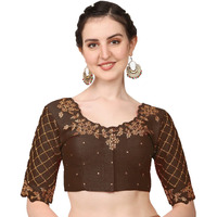 Pujia Mills Women's Embroidery Handwork, Rough Cut Work Stone Work Readymade Blouse (34, Brown)