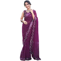 Satrani Women's Georgette Sequence Work Saree With Unstitched Blouse Piece (3775S109N_Dark Purple6)