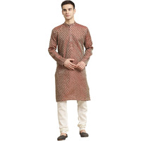 Sojanya (Since 1958 Men's Jacq Silk Maroon Self Design Kurta & Off-White Churidar Pyjama Set