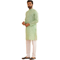 Sojanya (Since 1958 Men's Cotton Blend Pista Green Kurta And White Churidar Pyjama Set