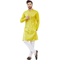 See Designs Men Full Sleeve Side Slit Lime Green And Gold Rayon Embroidery Sequins Mandarin Collar Kurta - Sdkt2439L