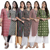 Pinkmint Women's Crepe Kurti Round Neck Straight Kurti For Women Comfortable Kurti Regular Wear Kurti For Women's (Pack Of 6)