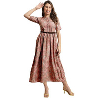 Preneum Women's Georgette Floral Printed 3/4 Slevees A-Line Fit & Flare Gown With Beltindo-Western Ethnic Gown || A-Line Maxi Dress Casual Wear || Fit & Flare Flared Hem Design, Pink, S