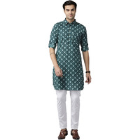 See Designs Men's Teal Blue Regular Pure Cotton Pathani Printed Men's Kurta - Sdpkt_1165M