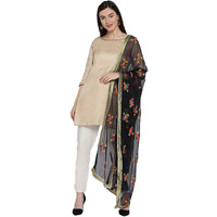 Weavers Villa Punjabi Hand Embroidery Phulkari Buty Work Faux Chiffon Black Dupatta, Stoles, 2.25 Mtrs