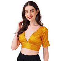 Womanista Silk Women's Dupion Solid Short Sleeve Regular Fit V Neck Blouse (Bl_69_Mustard Medium)