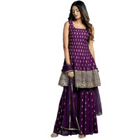 Xomantic Fashion Women's Embroiderd Work Navyblue Color Weding Wear Anarkali Kurta Sharara Set (Large, Wine)