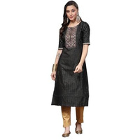 Stylum Women's Woven Design & Embroidered Lurex Cotton Straight Kurta (Blackchao36_Black, S)